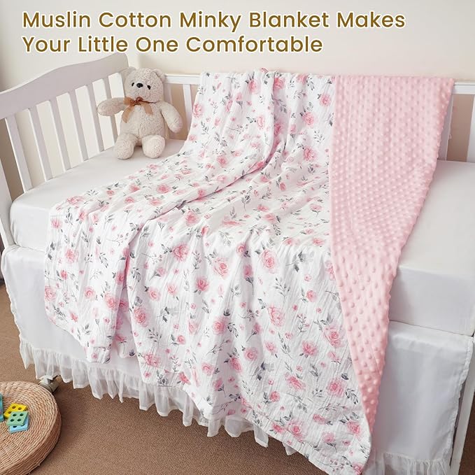 david's kids Muslin Minky Baby Blanket for Girls with Muslin Cotton Front and Dotted Fleece Backing, Breathable and Soft Lightweight Receiving Blanket for Newborns, 50x60 Inches, Floral