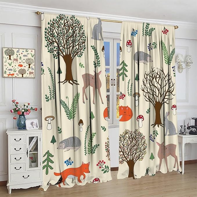 Kids Forest Animal Curtains, Rustic Cute Wild Animal Fox Deer Hedgehog Window Treatments Farmhouse Woodland Window Drapes for Girls Boys Nursery Toddler Bedroom 72x63in