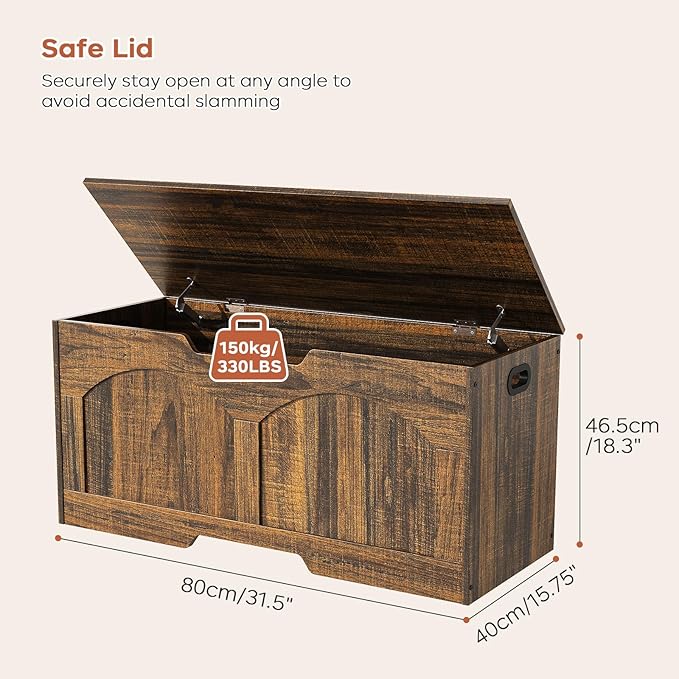 Storage Chest, 31.5" Storage Bench with 2 Safety Hinges, Farmhouse Style, 31.5 x 15.7 x 18.3 Inches, U-Shaped Opening for Entryway, Bedroom, Living Room, Supports 330 lb, Rustic Brown