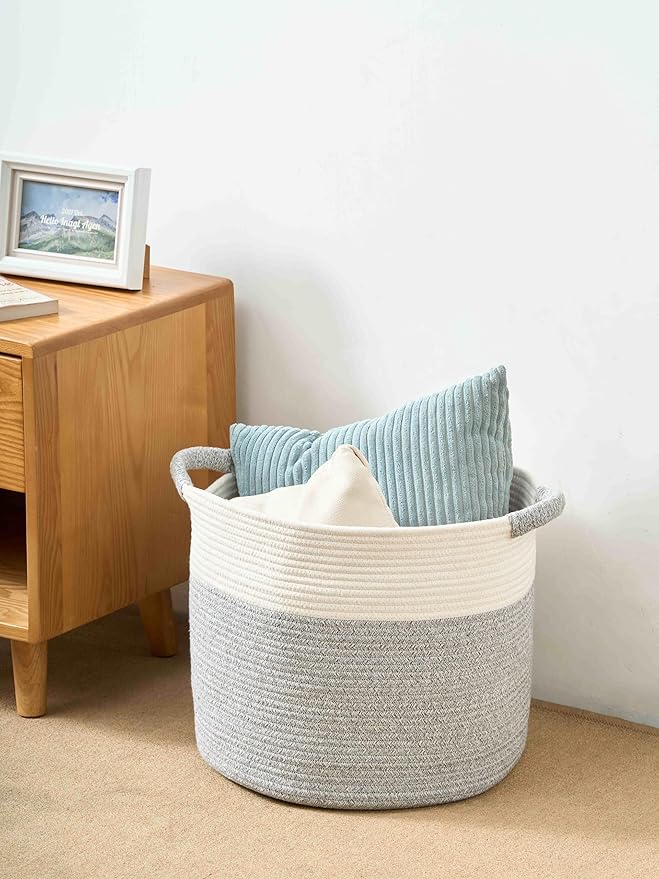 Blanket Basket - Woven Round Rope Storage Basket (16"Wx14"H) for Blankets & Throws, Small Laundry & Toy Organizer, Decorative Living Room & Bedroom Cotton Basket - White & Gray