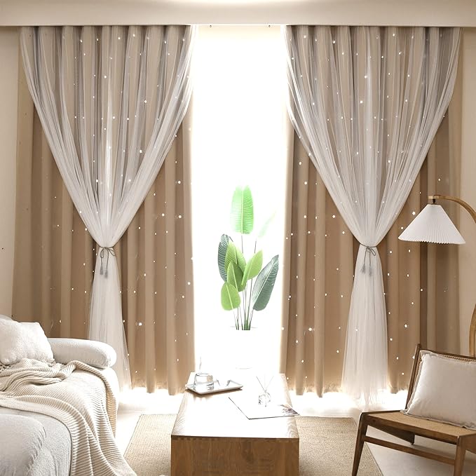 Kinryb Kids Blackout Curtains for Bedroom/Living Room/Classroom, Sheer Overlay 2 Panel Set, Double Layer Curtains with Star Cutout for Kids Room(Each Piece W 70 x L 95 Inches 2 Pcs Beige)