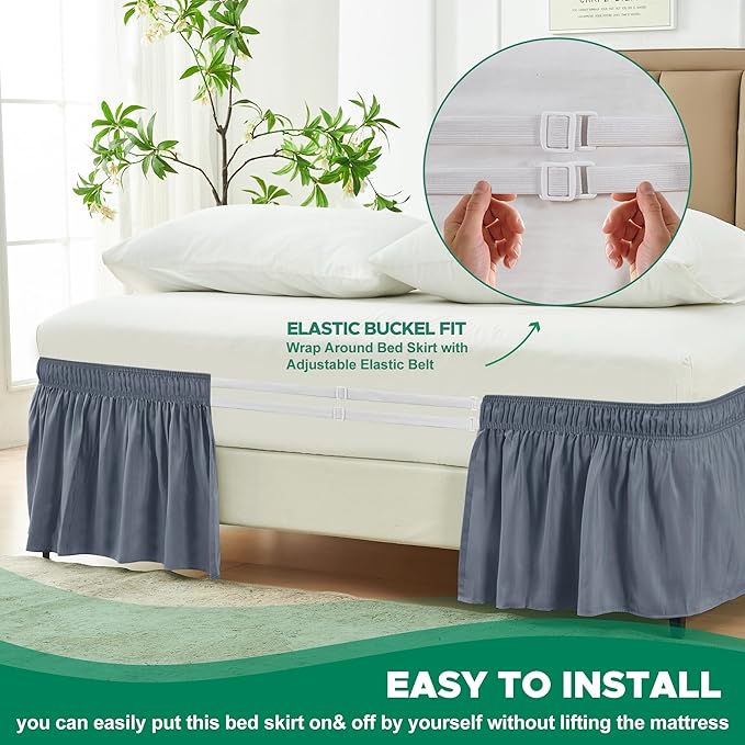 Biscaynebay Wrap Around Bed Skirts for Twin & Twin XL Beds 15" Drop, Dark Grey Adjustable Elastic Dust Ruffles Easy Fit Wrinkle & Fade Resistant Silky Luxurious Fabric Machine Washable