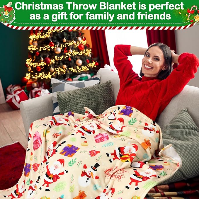 Buryeah 4 Pack Queen Size Christmas Throw Blankets Bulk for Bed Sofa Couch Snowman Gifts Santa Gingerbread Xmas Tree Soft Cozy Christmas Plush Flannel Blanket Home Decor Xmas Supplies, 60 x 80 Inches