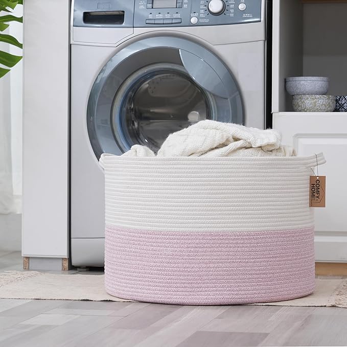 COMFY-HOMI New Extra Large Blanket Storage Basket 21''x21''x13.6''|Toy Organizers and Storage|Cotton Rope Woven Round Basket for Blanket|Baby Basket for Newborn-White/Pink