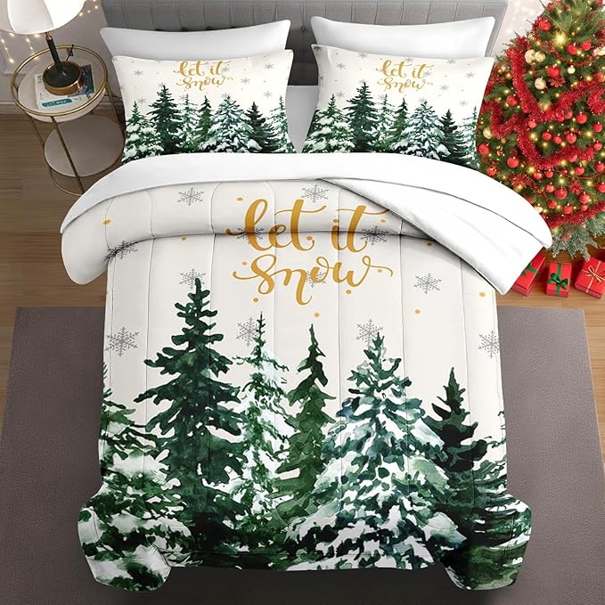 7 Pcs Full Size Christmas Comforter Set with 2 Pillowcases & 2 Shams, Countryside Nature Snowy Bedding for Kids and Adults, Winter Forest Green Pine Tree Bed in a Bag with Flat Fitted Sheet