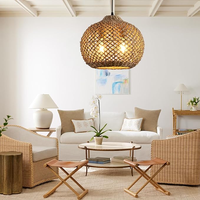 13.79" Rattan Coastal Pendant Light Fixture,Boho 2-Light Kitchen Island Ceiling Hanging Lighting Wicker Hand Woven Farmhouse Chandelier,for Bedroom, Dining Room, Entryway, Foyer