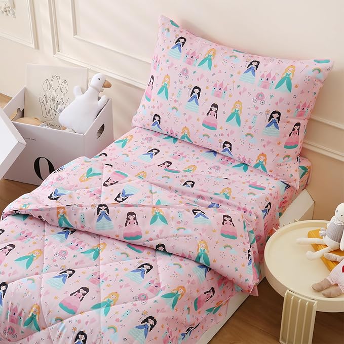 LONAVA Twin Kids Comforter Set - 4 Pieces Twin Bedding Sets for Boys Girls Children, Ultra Soft Microfiber Bed in A Bag with Flat Fitted Sheets, Princess