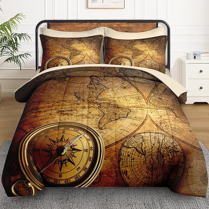 5 Pcs Twin Size Comforter Set with Pillowcase & Sham, Vintage World Map Bedding for Kids and Adults, Retro Nautical Compass Bed in a Bag with Flat Fitted Sheet