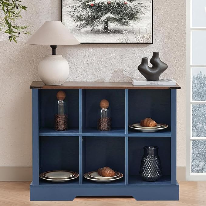 6 Cube Storage Organizer, Wood Cube Bookshelf with LED Lights, Horizontal Storage Cubes, Kids Bookshelf, Display Cabinet Cubby Shelf for Living Room Home Office Bedroom，Navy Blue