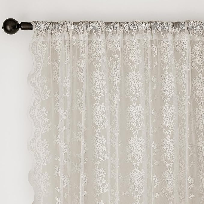 Anmao Vintage Lace Curtains 96 Inches Long 2 Panels Set, Romantic Elegant Light Filtering Semi Sheer Floral Thick Lacy Curtain Drapes for Living Room and Bedroom, Each Panel 55W x 96L, Beige Plum