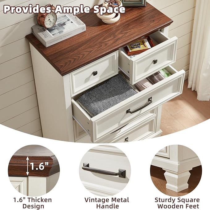 Farmhouse Bedroom Dresser and Nightstand Set of 4, 6 Drawer Tall & Low Dresser & 3 Drawer Nightstand Set with Wooden Legs, Rustic Wood Furniture Sets for Bedroom, Hallway, White