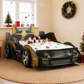Twin Bed Frames for Kids, Cartoon Dog Race Car Bed Wooden Platform Bed Frame with LED Lights, Twin Size Chidren Bed Frame with Wood Slat Support, Fits Standard Mattres (Black Yellow)