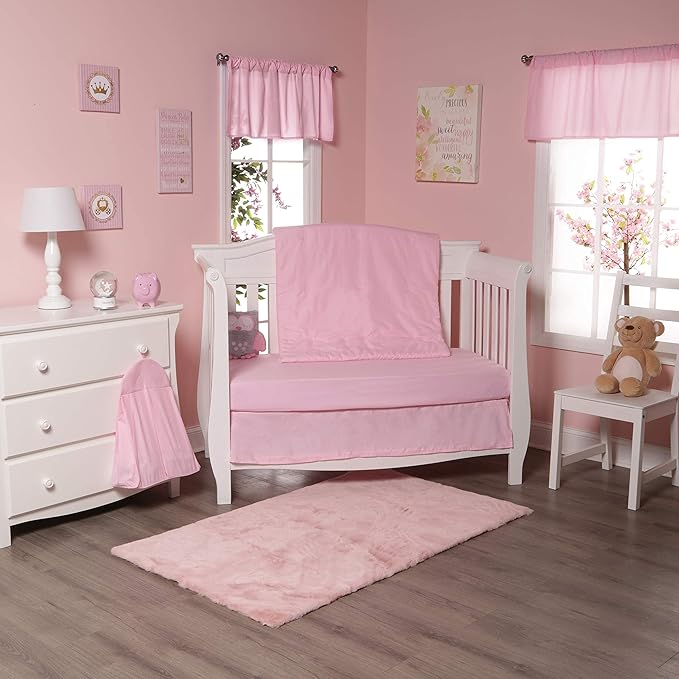 EVERYDAY KIDS 4 Pc Crib Bedding for Girls Nursery Set Includes Baby Bed Quilt, Fitted Sheet, Dust Ruffle and Diaper Stacker- Nursery Bedding Set - Baby Crib Bedding Set in Pink