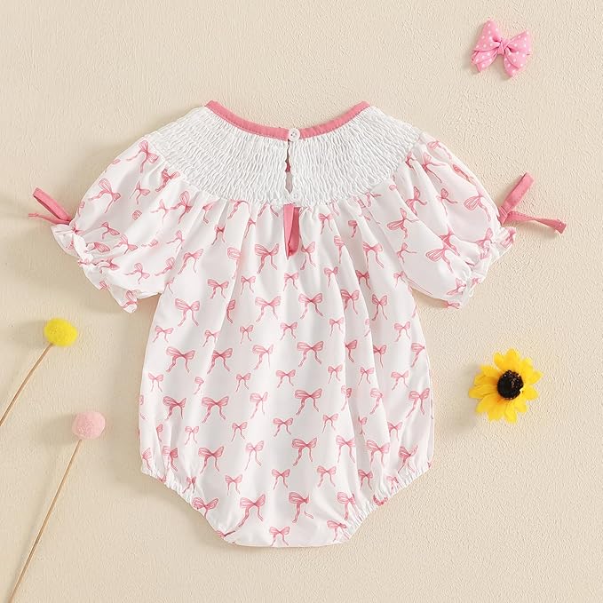 Newborn Baby Girl Romper Mamas Mini Bow Plaid Print Puff Sleeve Smocked Bubble Romper Jumpsuit Bodysuit Clothes