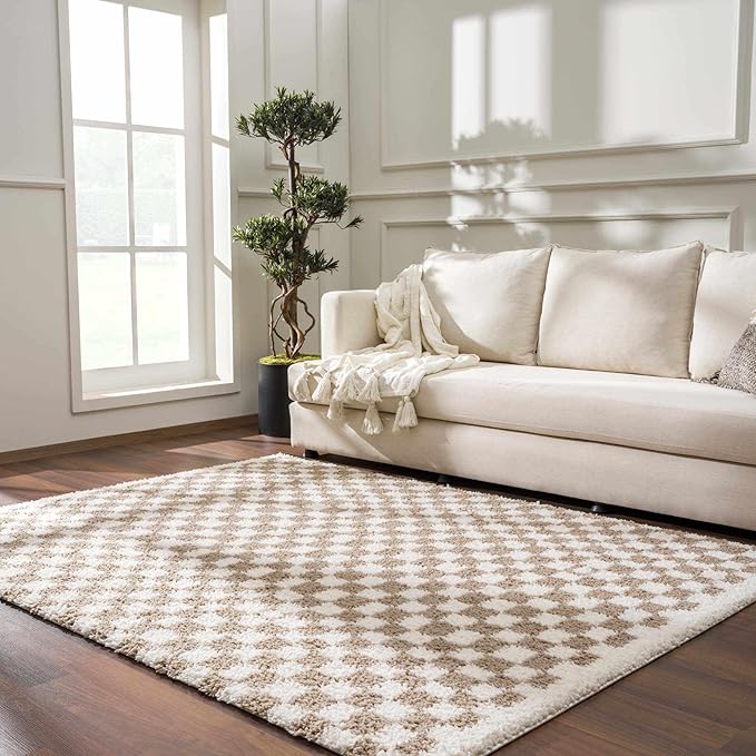 Hauteloom Kieu Contemporary Checkered Fluffy Shag Area Rug - Modern Geometric Soft Carpet Tiles for Living Room, Kids Room, Nursery - Gray, Taupe, White - 8'10" x 12'