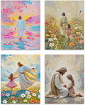 OFJE Christian Jesus with Girl Wall Art Decor Prints Set of 4, Jesus Walking on Water Religious Wall Art Posters Decor for Girls Bedroom Home Living Prayer Room, 8x10 Unframed