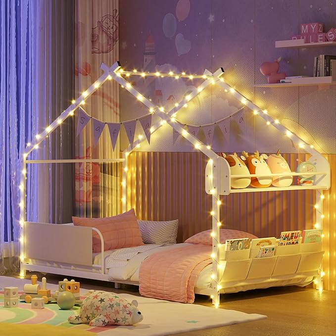 Timy House Shape Twin Size Montessori House Bed Metal Floor Bed with Storage Rack and Caddy Twin Bedframe for Kids No Box Spring Needed White