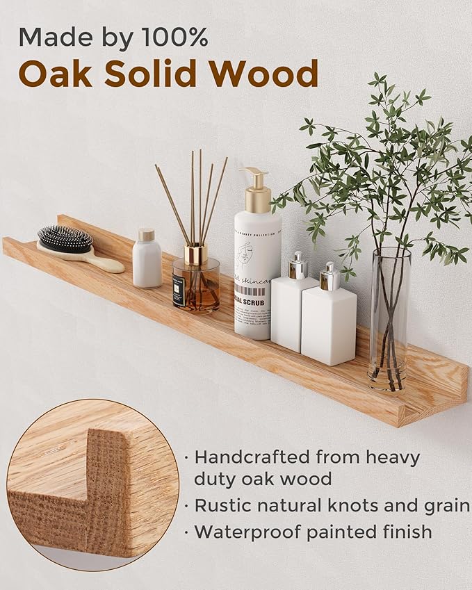 Axeman Oak Picture Ledge Shelf, 48 Inch Floating Shelves Set of 2, Solid Oak Wood Wall Shelves with Lip, Wall Decor Storage for Bedroom Living Room Bathroom Kitchen Nursery Photo Picture, Natural Oak