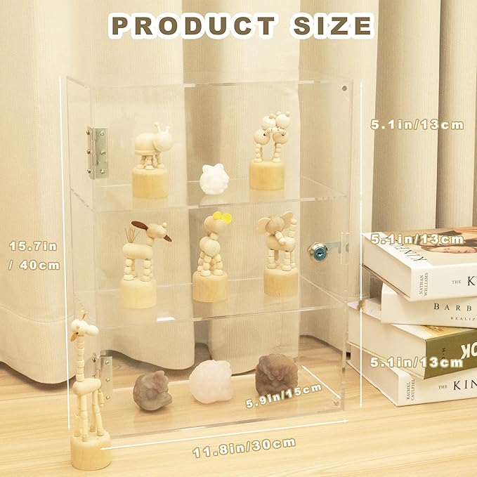 Acrylic Display Case with Lock Key, 3 Shelf Locking Countertop Display Case Cabinet Showcase with Shelves for Collectibles Office Retail Display Safe Storage 11.8x5.9x15.7 Inch