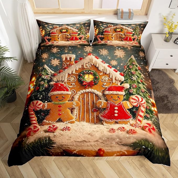 Feelyou Cute Gingerbread Man Duvet Cover Twin Size Cartoon Christmas Bedding Set for Boys Girls New Year Holiday Comforter Cover Reversible Xmas Decor Bedroom Decor 2Pcs