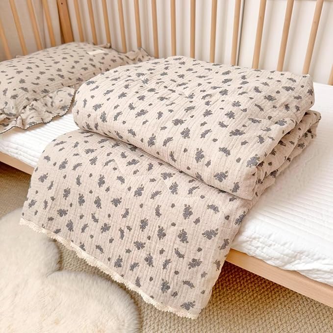 BuLuTu Chic Shabby Blue Orchid Pattern Toddler Comforter, Lightweight Soft Crib Quilt for Girls Boys 100% Cotton Muslin Toddler Blanket Floral Kids Quilts for All Seasons, 60x78 Inches