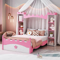 Castle-Shaped Wooden Platform Bed with Storage Shelf, Dreamy Twin Size Kids Platform Bed for Girls Boys Bedroom, Sturdy Slats Support (White+Pink Castle)