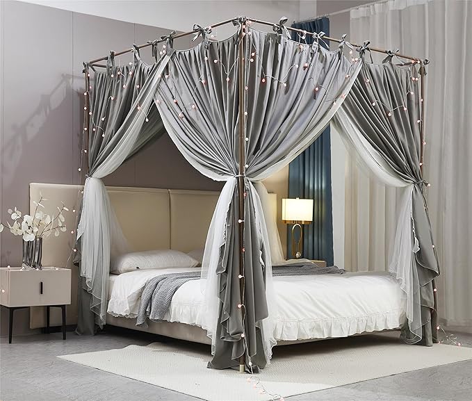 4 Corners Post Princess Curtain Bed Canopy Double Layer Cozy Mosquito Net Mesh and Cloth for Girls Adults Bedroom Decoration (Double-Grey/White, 59" W*82" L*82"*H/(Queen))