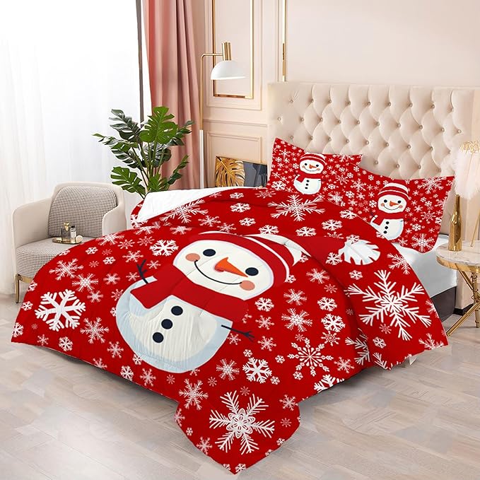 Comforter Set Christmas Snowman: Twin Size Kids Xmas Bedding Sets Red Snowflakes Quilt for Teens Girls Boys Christmas Decor Winter Snow Bed Set 1 Comforter & 1 Pillowcase
