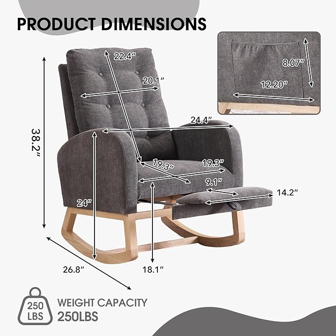 NIOIIKIT Nursery Rocking Chair, Linen Upholstered Glider Chair with Footrest, Tufted Rocker Recliner with Side Pocket, Comfy Recliner Glider, Accent Chair for Living Room (Grey Linen)