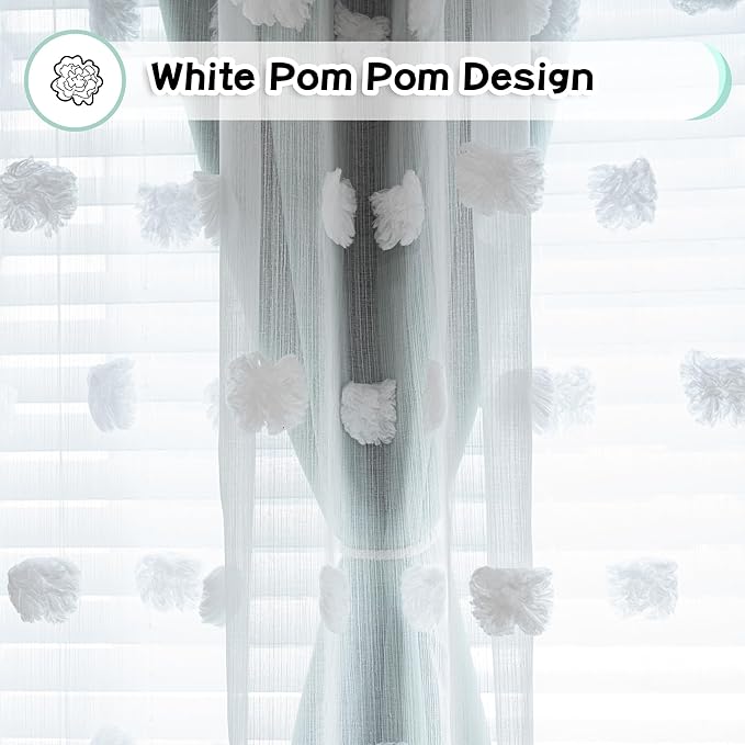 MYSKY HOME Kids Curtains for Boys Bedroom Room Darkening Grommet Double Layer Curtains for Son Room Decor 63 Inches Long White Pom Pom Sheer Blackout Curtains 2 Layers Aqua 52 x 63 Inch 2 Panels