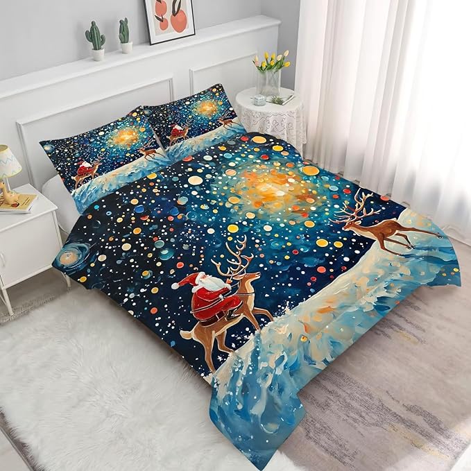 Christmas Comforter Set Queen: Blue Galaxy Bedding for Women Girls Teens Bedroom Festival Gift Santa Claus Xmas Deer Quilt Set 1 Comforter & 2 Pillowcases