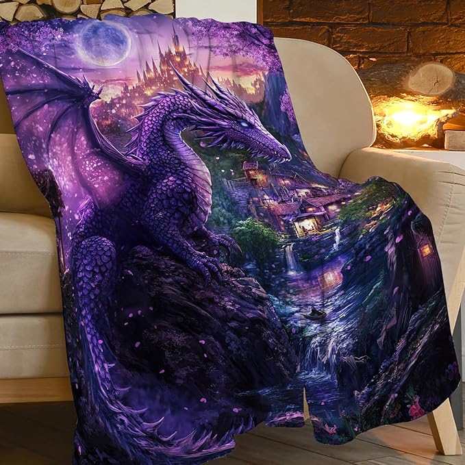 Dragon Blanket Purple Throw Blankets for Girls Boys Soft Warm Cool Mysterious Castle Throws Flannel Fleece Plush Animal Gifts for Kids Men Women Adults for Bed Sofa Bedding Decor 80"x60"