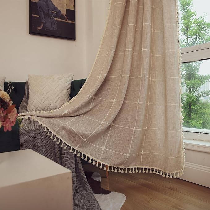 Deeprove Boho Curtains 96 Inches Length for Living Room, Bohemian Lattice Gingham Chic Textured Embroidery Plaids, Vintage Tassels Country Decor Drapery, Rod Pocket, 1 Panel W52 x L96, Natural Linen