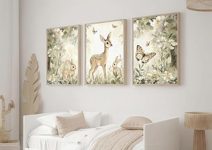 3Pcs Woodland Animal Nursery Canvas Wall Art Cute Forest Animal Wall Decor Pictures Deer and Butterfly Wildflowers Posters Prints for Nursery Bedroom Kids Room Home Decoration Unframed Posters 16x24in