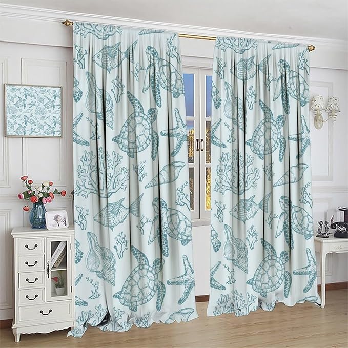 Turtle Starfish Curtains,Coral Starfish Seashell Beach Sea Seashell Theme Pattern Blackout Print Home Bedroom Living Room Window Treatmen 2 Panel Set 42x54 Inch