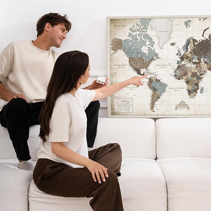 Canvas World Map with Cork Pin Board - English Lettering - Decorative Wall Decoration for All Rooms - Canvas Pictures with World Map Motif (70x50 cm, Pattern 25)