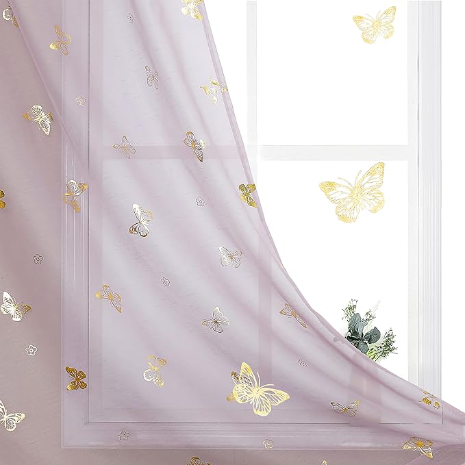 Jubilantex Butterfly Sheer Curtain Panels for Baby Girls Bedroom, Toddler Gold Print Linen Rod Pocket Voile Drapes 63 Inch for Kids Room Living Room, Lavender/Lilac Purple, 2 Panels