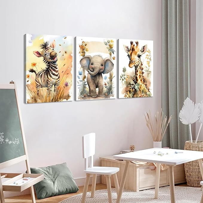Woodland Animal Wall Art Set of 3, Wild Animals Nursery Picture Wall Decor Canvas, Cute Giraffe Elephant Zebra Watercolor Poster Print Artwork for Boys Girls Room Decoration – 16x24 inch