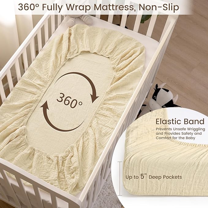 david's kids Muslin Mini Crib Sheets, 2 Pack Cotton Pack N Play Sheets for Boys Girls Neutral, Soft Breathable Baby Sheets Fit Pack N Play, Playard and Mini Crib Mattresses, Beige & Brown