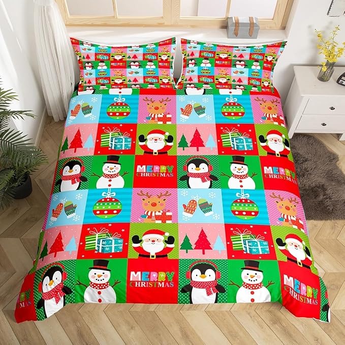 Christmas Bedding Set for Kids Boys Girls Santa Claus Christmas Tree Comforter Cover Set Colorful Geometric Grid Duvet Cover Bedroom Decor Xmas Theme Bedspread Cover Twin Size Bedding Collection 2Pcs