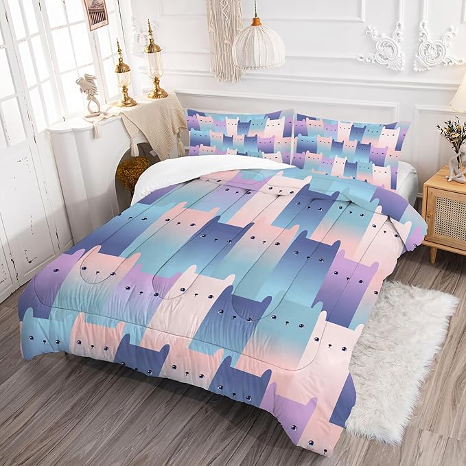 Gradient Cat Comforter Set: Twin Size Kawaii Cats Bedding Set for Kids Teens Girls Boys Bedroom Decor Blue Purple Cute Kitten Quilt Bed Sets 1 Comforter & 1 Pillowcase