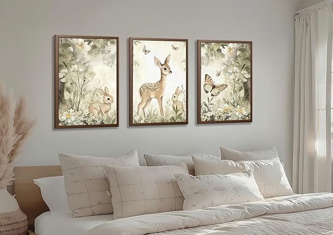 3Pcs Woodland Animal Nursery Canvas Wall Art Cute Forest Animal Wall Decor Pictures Deer and Butterfly Wildflowers Posters Prints for Nursery Bedroom Kids Room Home Decoration Unframed Posters 16x24in