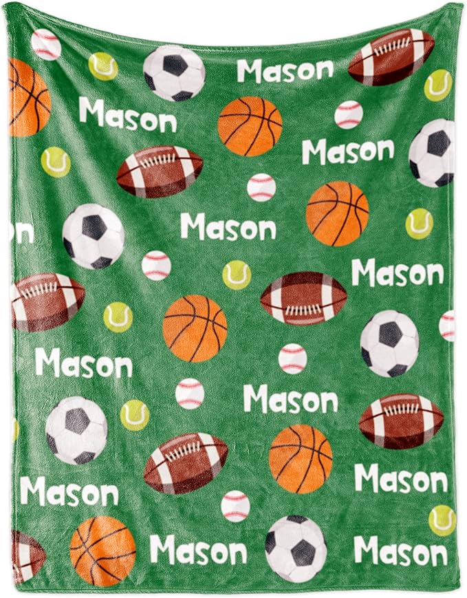 Personalized Ball Blanket with Name for Boys, Custom Name Blanket for Teen Ball, Soft Flannel Customized Gift for Birthday 50"x60"