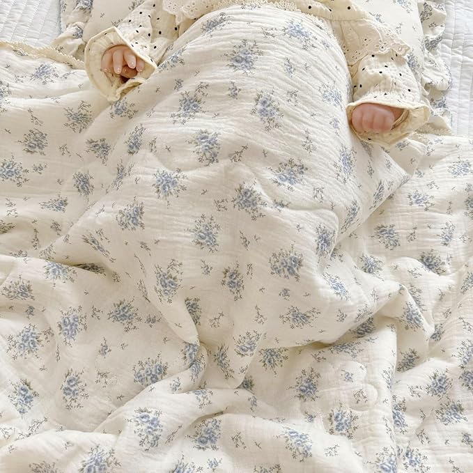 BuLuTu Blue Flower Freesia Toddler Girls Boys Quilts 100% Cotton Muslin Toddler Bed Blankets Soft Lightweight Children Comforter for Standard Crib Cot, 47x59 Inches