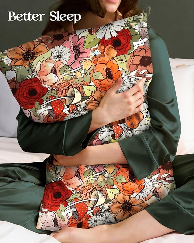 Silk Pillowcase 2 Pack - Pillow Cases 20" x 36" King Size Set of 2 for Hair and Skin Smooth Soft Breathable with Hidden Zipper Cooling Pillow Covers for Sleeping, Mushroom Bushes