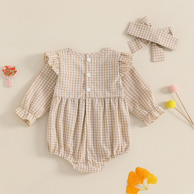 Karuedoo Newborn Baby Girl Clothes Gingham Plaid Bubble Romper Long Sleeve Ruffle Bodysuit with Headband Spring Fall Outfit