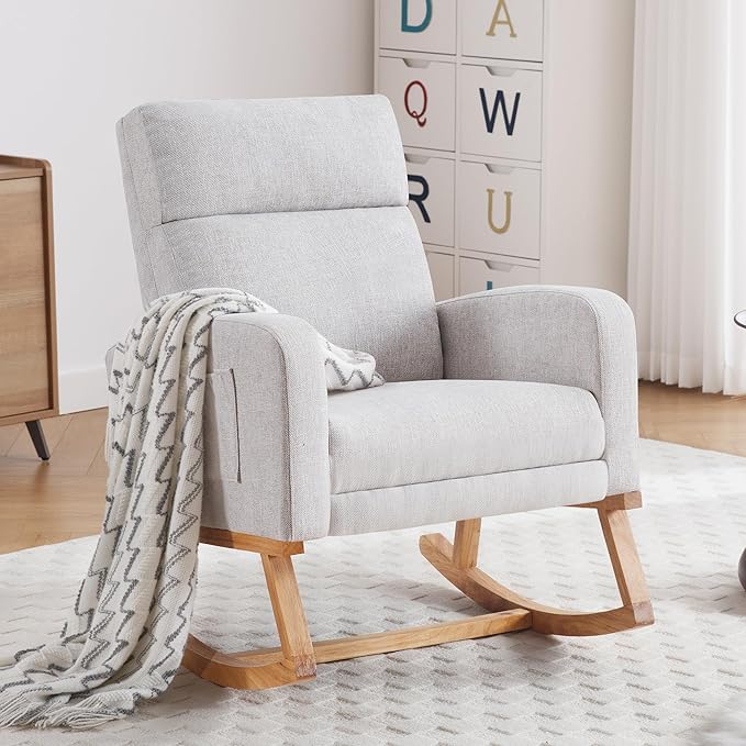 Rocking Chair Nursery, Nursing Rocking Chairs with Foot Rest for Mom Breastfeeding, Rocker Glider Chair with High Backrest for Living Room, Bedroom, Light Gray