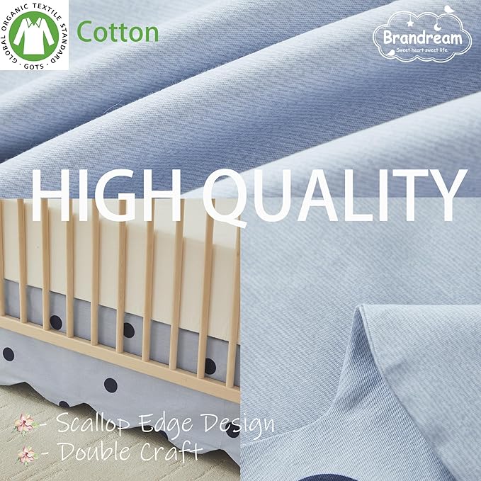 Brandream Scallop Edge Cotton Crib Skirt, Baby Boy Girl Gender Neutral Crib Skirt Toddler Bedskirt Farmhouse Chic Nursery Crib Bed Skirt, Boho Bohemian Solid Mist Blue Polka Dots