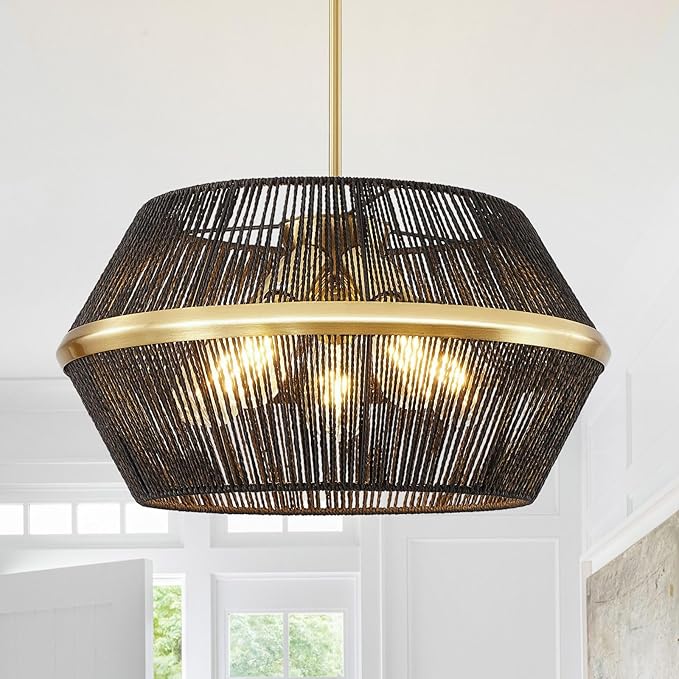 WJShome 5-Light Farmhouse Rattan Chandelier, 19" Black Chandeliers for Dining Room, Rustic Hand Woven Boho Kitchen Island Pendant Lights, for Bedroom Living Room Foyer.
