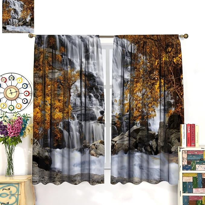 Autumn Tree Leaf Blackout Curtains, Landscape Nature Forest Lake Waterfall Rod Pocket Window Drapes, for Bedroom Living Room 63" W X 72" L